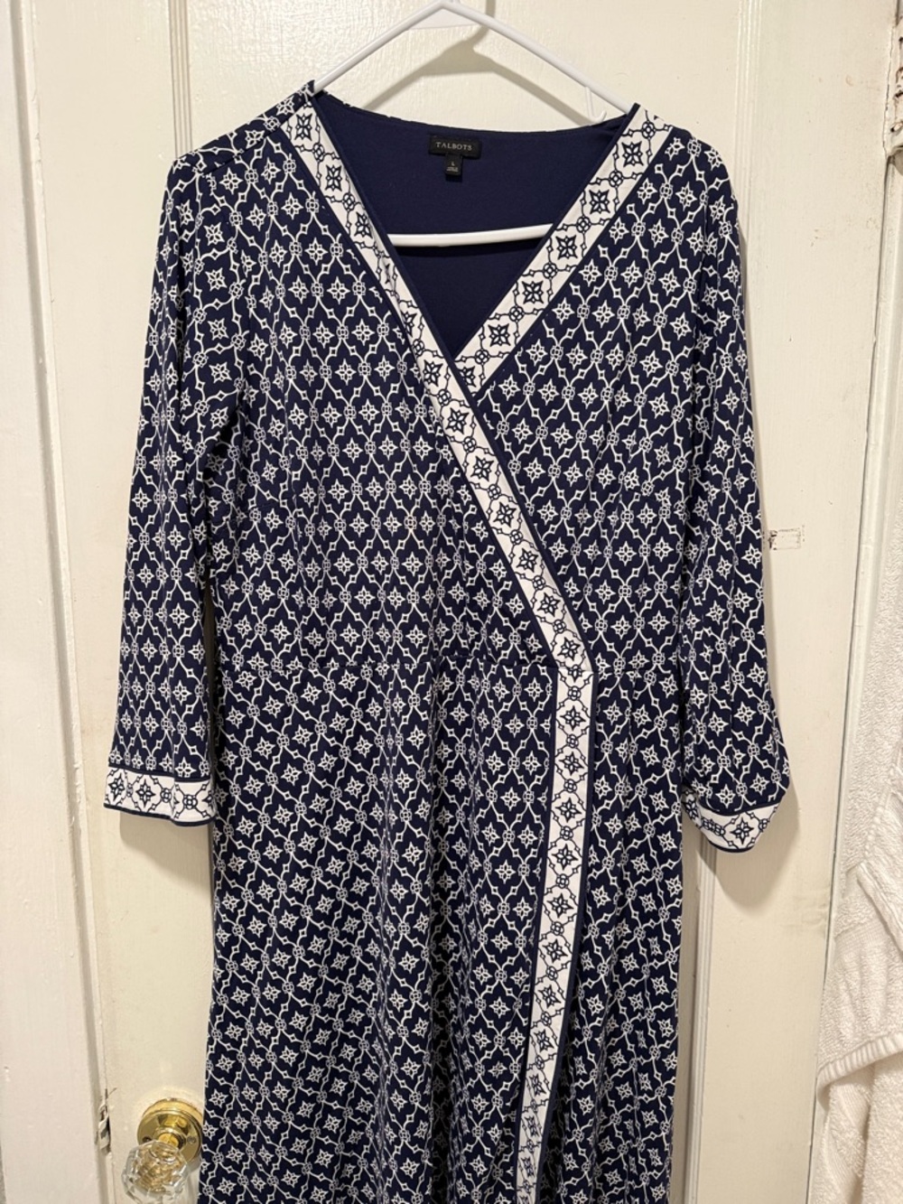 Talbots Navy and White Geometric Faux Wrap Dress